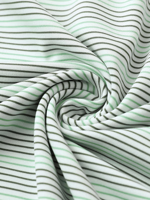 Close-up fabric detail of performance stripe golf shirts, breathable texture with soft olive green beryl green finish