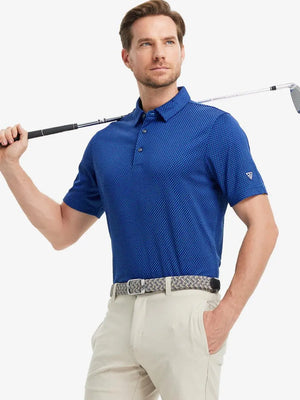 Full body front view of model wearing COBALT Your Favorite Jacquard Polo, holding a golf club