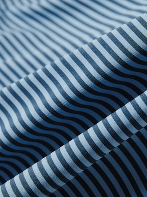 Close-up of blue denim stripe upgraded two-tone striped quick dry polo shirt, showcasing texture and print details.