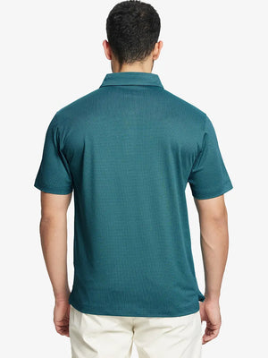 Back half-body angle highlighting the structure of the TURQUOISE Performance Ananas Jacquard Polo