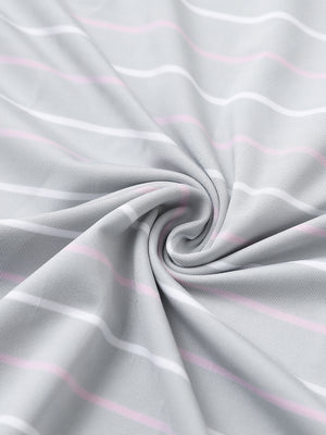 Close-up of light grey stripe stylish stripe jersey golf polo fabric showing smooth texture and breathable knit.