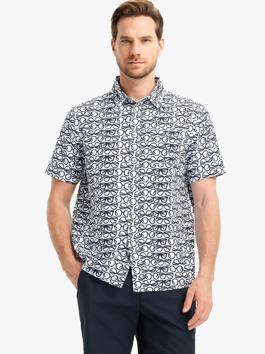 Front half-body view wearing BLACK WHITE GLASSES Stylish Printing Summer Shirt.