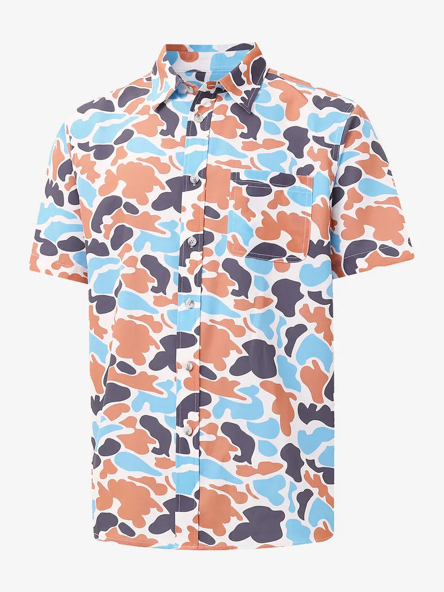 Back half-body view wearing BLUE ORANGE CAMO Stylish Printing Summer Shirt.