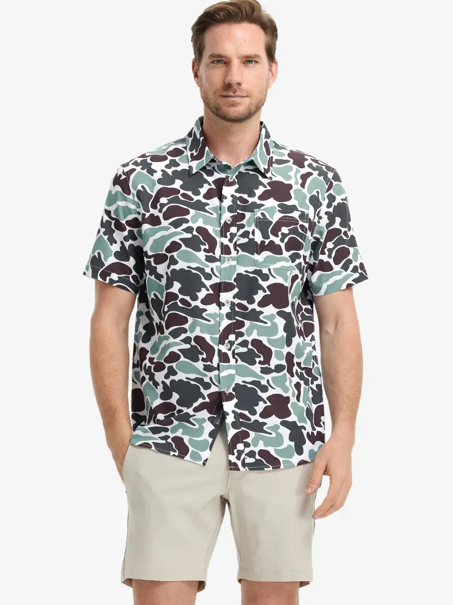Front half-body view wearing BROWN GREEN CAMO Stylish Printing Summer Shirt.