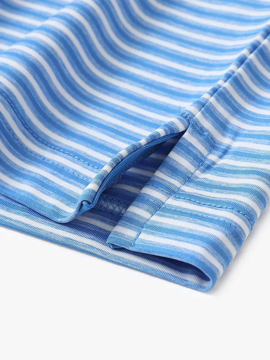 Close-up detail of hem opening on Sport Fit Stripe Polo in Classic Blue Stripe