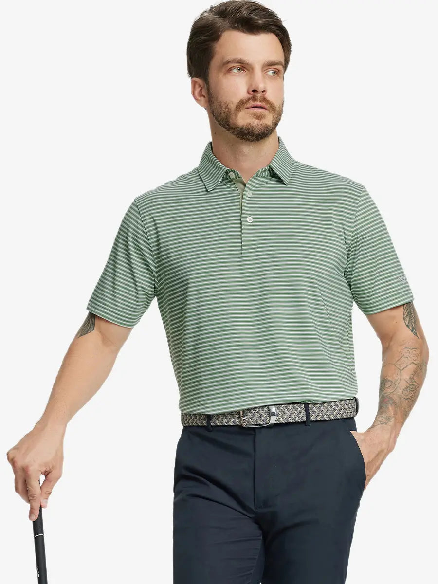 Front half-body shot of model holding golf club, wearing Sport Fit Stripe Polo in Dark Green Stripe