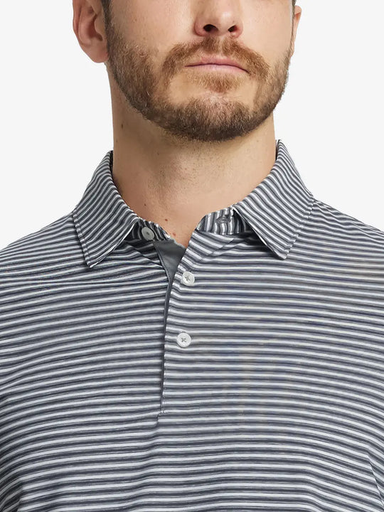 Front close-up shot of model from nose to chest wearing Sport Fit Stripe Polo in Dark Grey Stripe