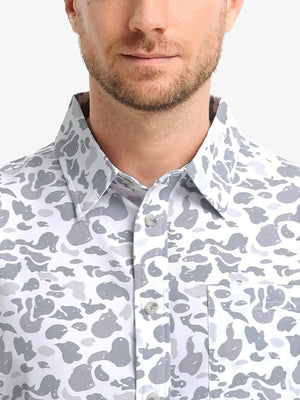 Front view from nose to chest wearing GREY CAMO Stylish Printing Summer Shirt.