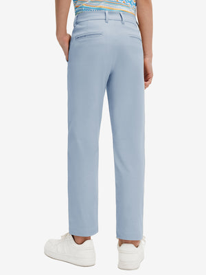 Back lower body view of model wearing the sky blue youth water resistant cotton blend golf pants, highlighting the rear design