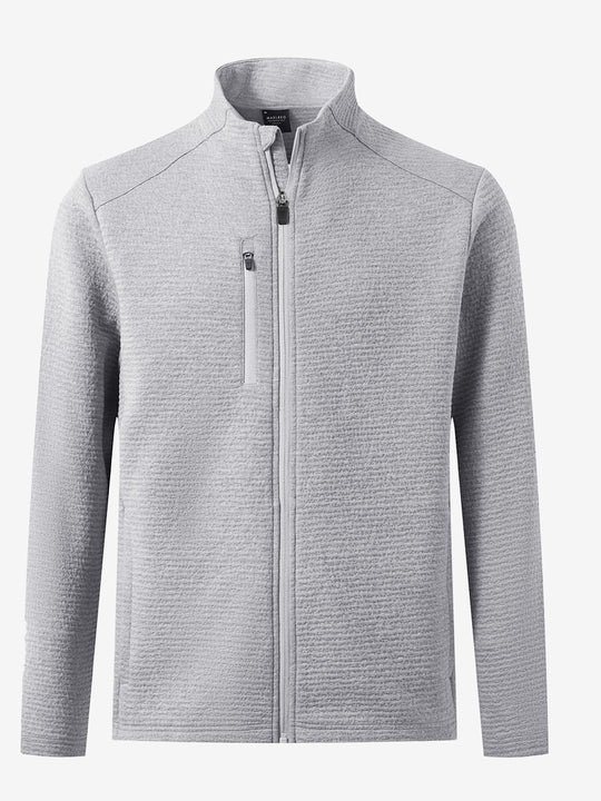 3D front view of textured insulated winter jacket showing insulated layers and sleek design, light grey heather.