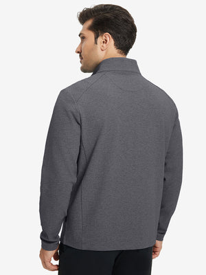 Back upper body view of model wearing textured insulated winter jacket, smooth finish, grey heather.