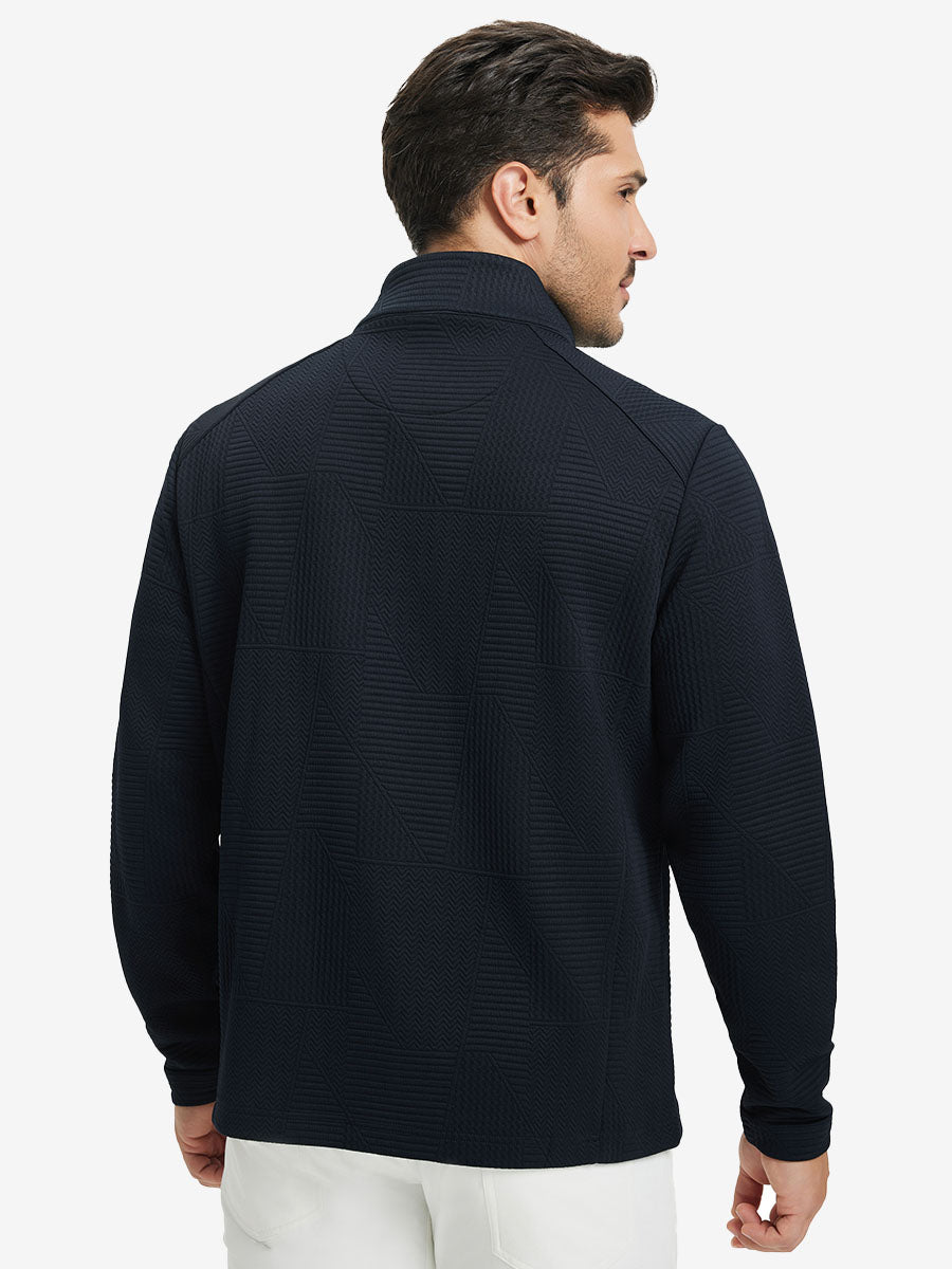 Back upper body view of model wearing textured insulated winter jacket, smooth finish, navy.