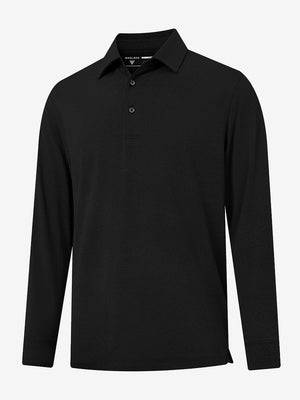 Front 3D view of Skin-friendly long sleeve melange polo in black with refined look