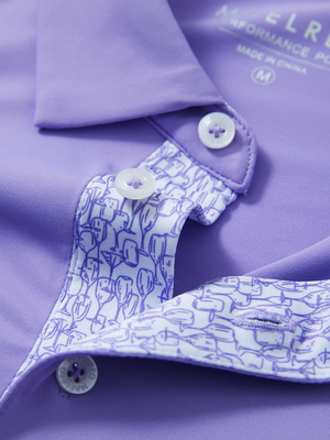 Detail of the collar opening on the lilac everyday classic solid polo, emphasizing the structured neckline design