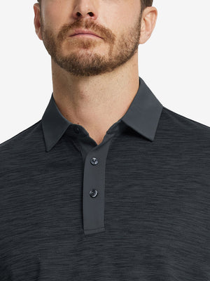 Front view from nose to chest in DARK GREYBLACK HEATHER Cool Heather Texture Polo