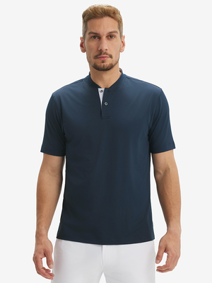 Front half-body view of model wearing navy moisture-wicking short sleeve henley shirt