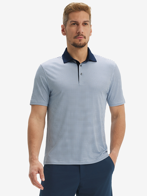 Front half-body of model in light dark blue graphics lightweight stretch upgraded print golf polo shirts