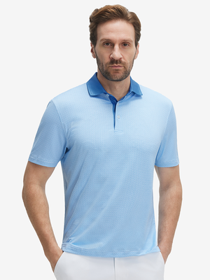 Front half-body of model in light blue geo lightweight stretch upgraded print golf polo shirts