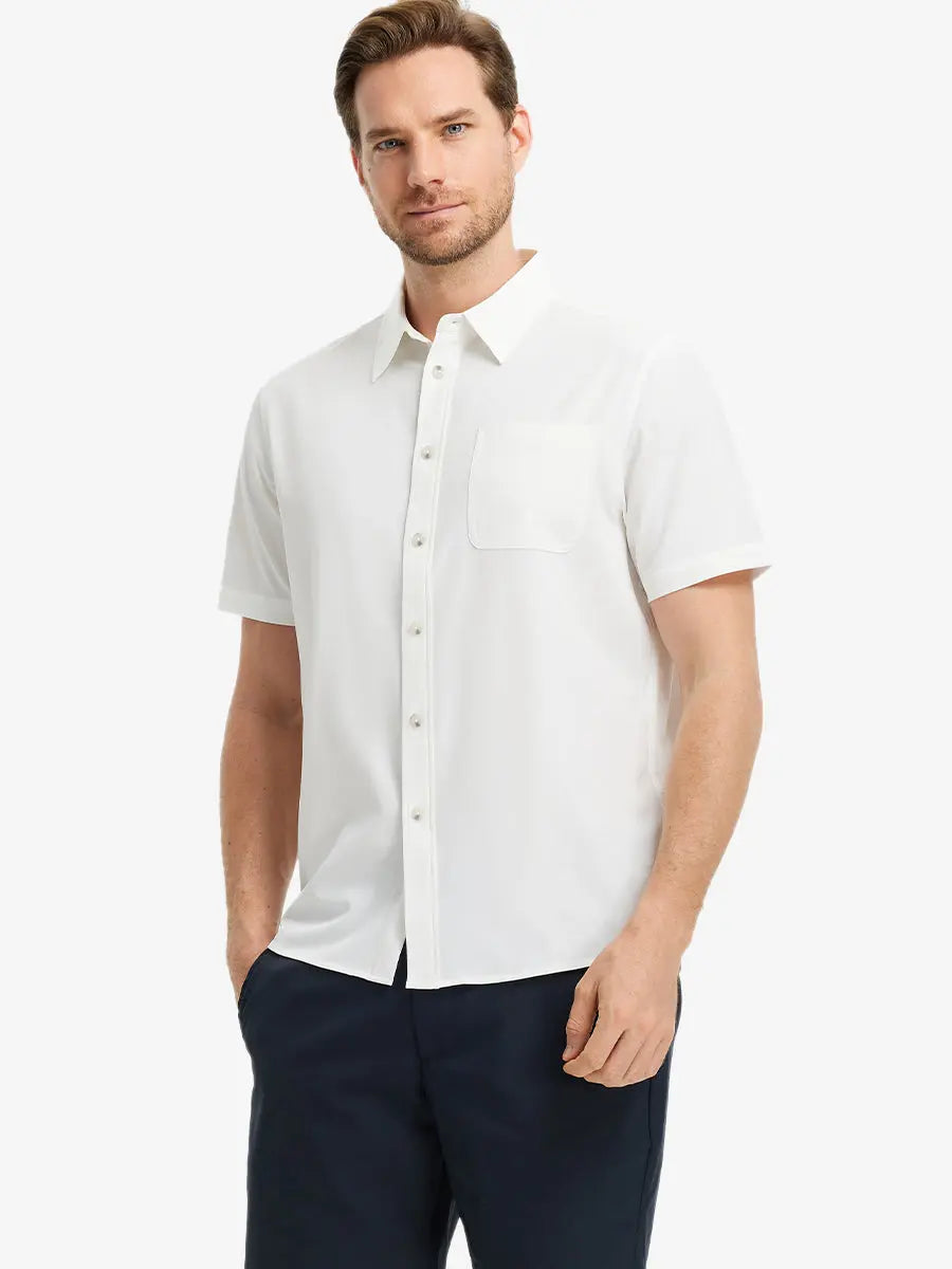 Half-body front view holding a golf club, wearing the BEIGE polo on the course.