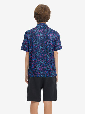 Back upper view of Stylish print boys polo shirts with clean lines and navy colorful flower tone