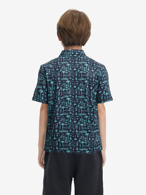 Back upper view of Stylish print boys polo shirts with clean lines and navy ocean beach tone