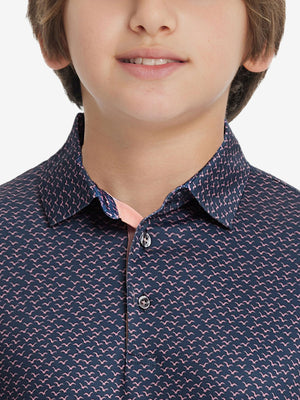 Collar close-up of Stylish print boys polo shirts with neat stitching in navy pink seagull