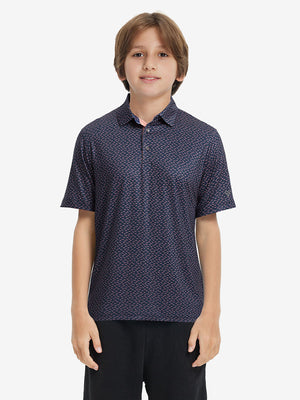 Model front upper body wearing Stylish print boys polo shirts in fresh navy pink seagull style