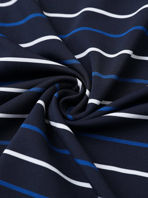 Close-up of navy stripe stylish stripe jersey golf polo fabric showing smooth texture and breathable knit.