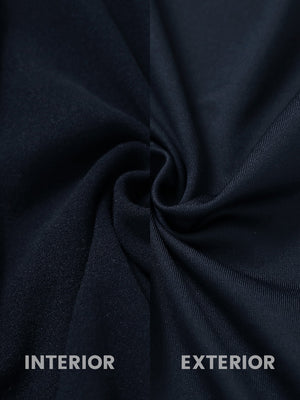 Inside and outer fabric close-up of navy lightweight water resistant puffer vest, quilted shell with soft lining.