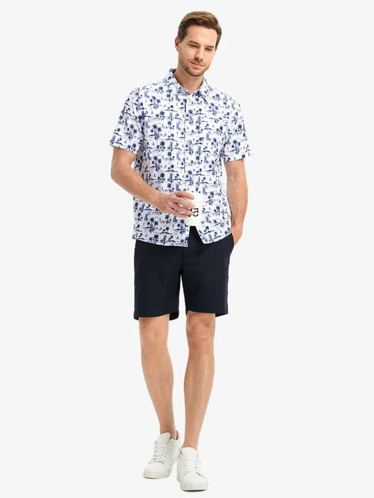Full-body front view holding a takeaway drink cup, wearing WHITE SAND PINEAPPLE Stylish Printing Summer Shirt.