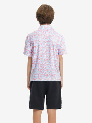 Back half-body view of youth wearing white pizza performance print boys golf polo, showing rear design