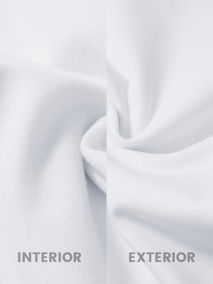 Inside and outer fabric close-up of white golf lightweight fleece lined dress pants, soft fleece lining.